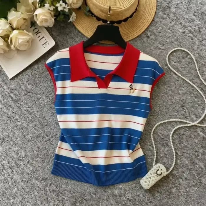 Pull sans manches en maille pour femme, col rouge, à blocs de couleur et rayures, avec broderie décorative, extensible, coupe ajustée, style preppy, pour l'été