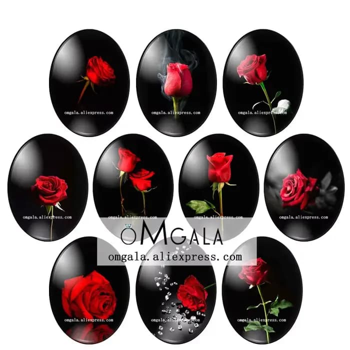 Cabochon Ovale en Verre à Dos pio, Photos de Haute Qualité de Fleur de Rose Rouge 13x18mm/18x25mm/30x40mm