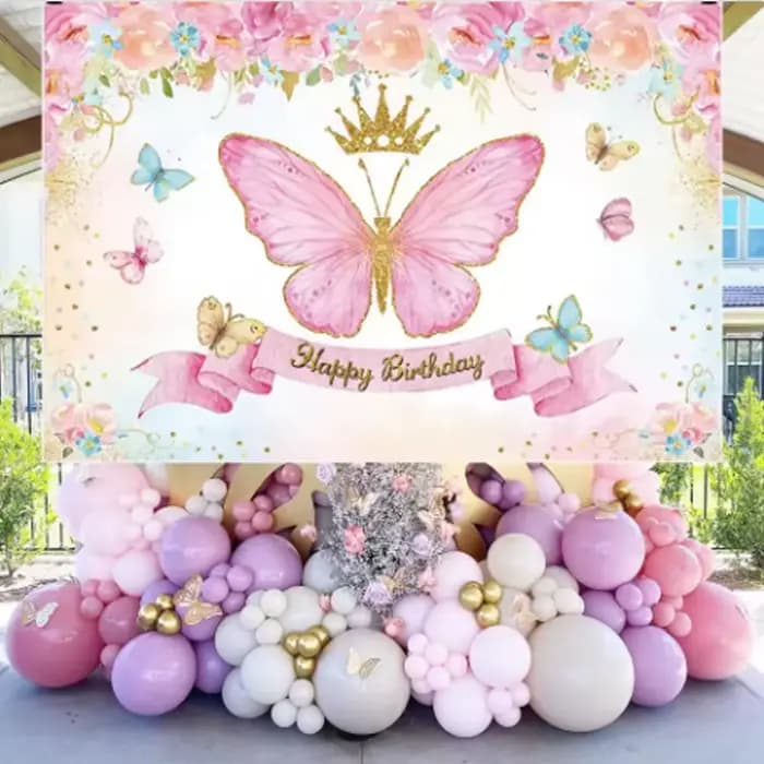 Arrière-plan sur le thème de la fête d'anniversaire, fleur de papillon rose, décor de réception-cadeau pour bébé, drapeau suspendu, accessoires d'arrière-plan