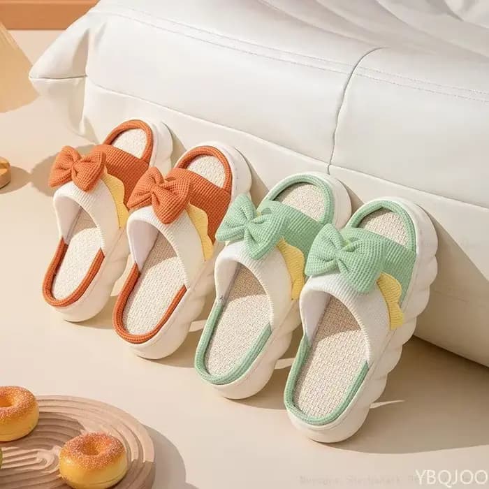 Pantoufles en lin pour femmes, pantoufles d'intérieur confortables, antidérapantes, chaussures en coton, mignonnes pantoufles plates avec nœud papillon, diapositives pour couples, printemps et été