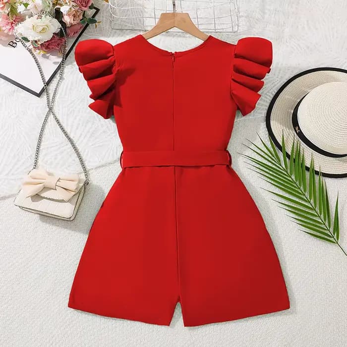 Combinaisons rouges 8-12 ans filles combinaisons solide rouge à volants sans manches élégant Style modeste enfants combinaisons courtes vêtements décontractés