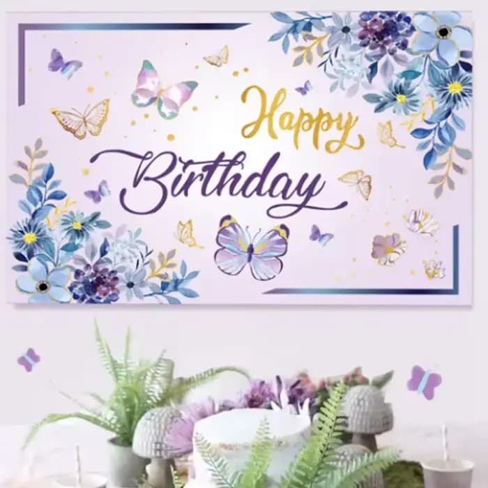 Arrière-plan sur le thème de la fête d'anniversaire, fleur de papillon rose, décor de réception-cadeau pour bébé, drapeau suspendu, accessoires d'arrière-plan