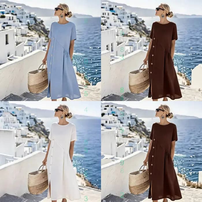 Robe en coton et lin, robes printemps-été, robe midi à boutons et poches, combinaison décontractée, playsuit