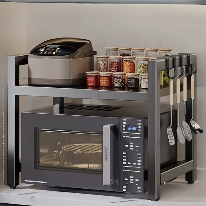 Étagère de rangement de cuisine fonctionnelle en métal noir, 2 couleurs, organisateur de comptoir extensible pour micro-ondes, épices, ustensiles et batterie de cuisine