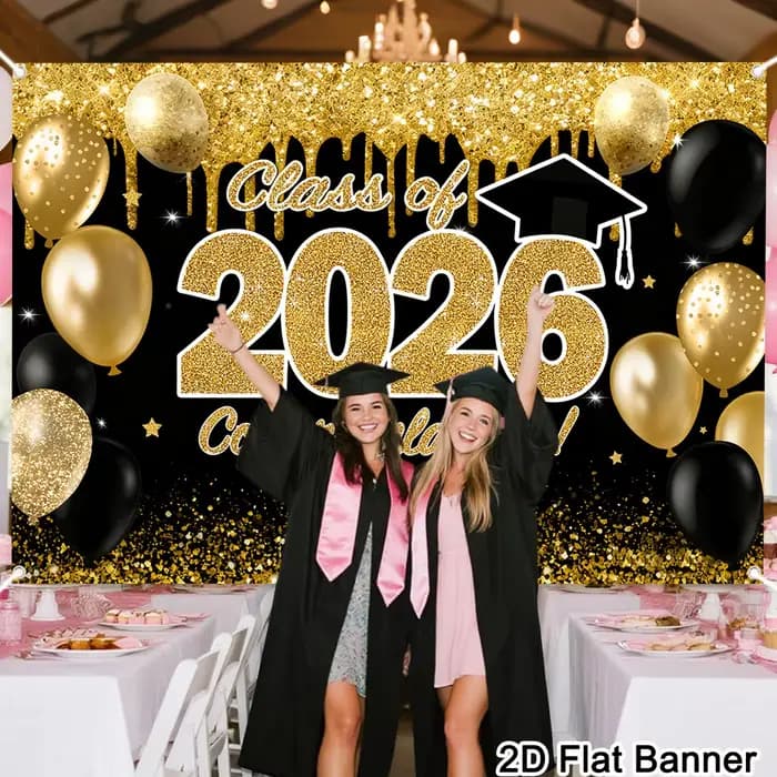 Toile de fond en polyester noir et or pour la remise des diplômes, classe de 2026, décoration scintillante pour les fêtes de remise des diplômes