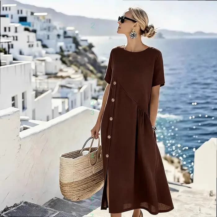 Robe en coton et lin, robes printemps-été, robe midi à boutons et poches, combinaison décontractée, playsuit