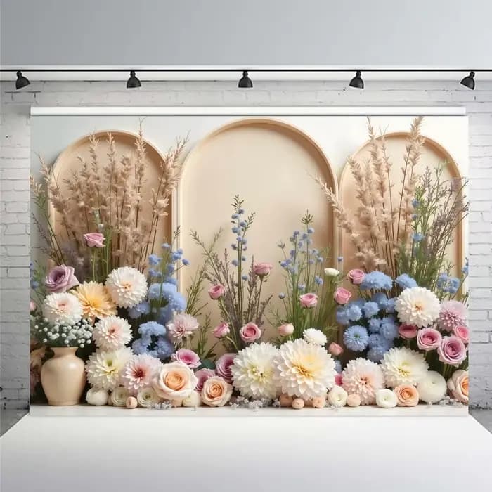 Toile de fond photographique pour mariage, fête, douche nuptiale, portrait de fille, maternité, avec arche européenne, mur fleuri et décor de fête