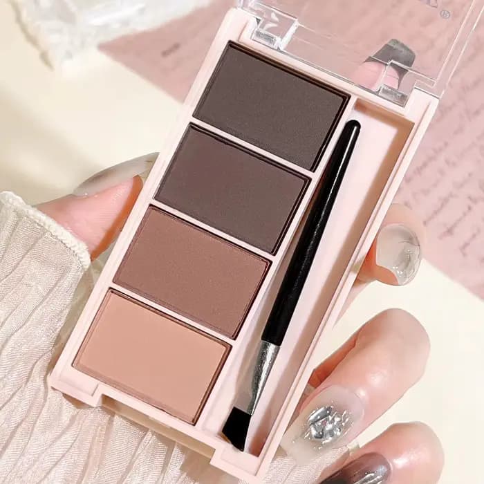 Un ensemble de plateaux de poudre à sourcils de 4 couleurs avec des pinceaux en tons gris et marron mat pour un rendu durable, un remplissage et un s