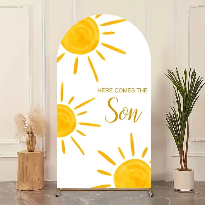 Voici l'arrière-plan de fête d'anniversaire « Here Comes The Sun » orange, arc-en-ciel, soleil, pour garçons, décoration photo, fond de photographie pour baby shower