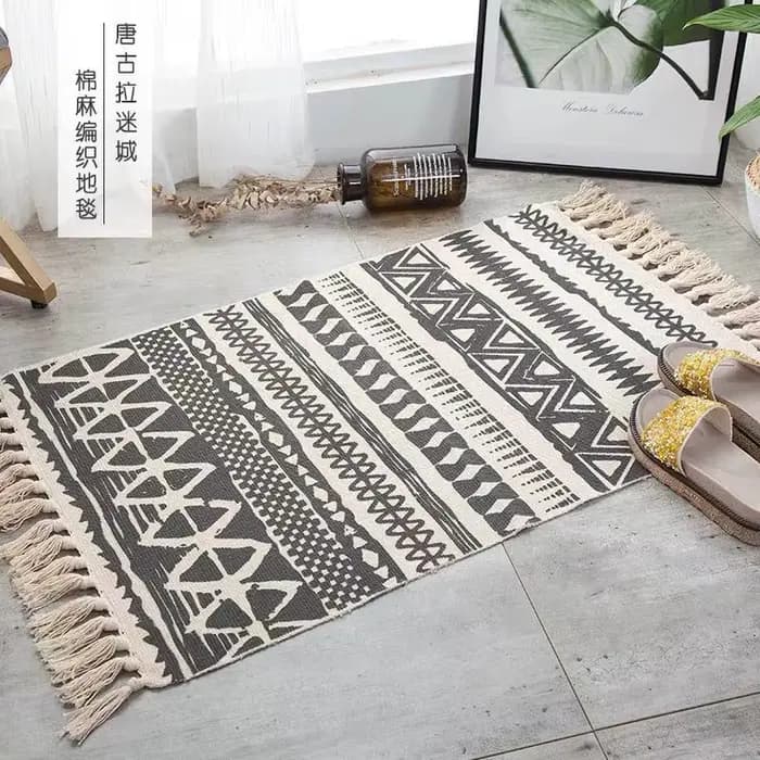 Tapis en lin de coton turc, imprimé à la main, avec glands, pour l'entrée, lavable pour la chambre, la cuisine et la salle de lavage