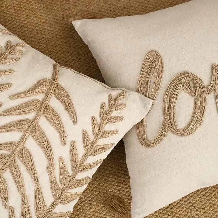 Housse de coussin en lin avec corde brodée, motif lettres et feuilles, franges, glands, luxe élégant, style Boho, taie d'oreiller pour canapé, décoration de la maison