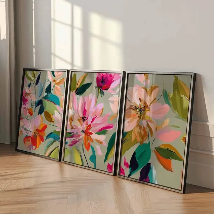 Ensemble d'art mural floral abstrait (3 pièces), impressions d'affiches florales modernes et colorées, décoration botanique lumineuse pour la maison, ensemble d'art contemporain