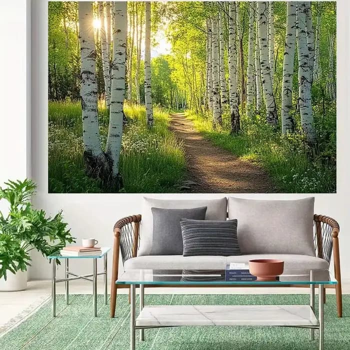 1 fond de sentier de forêt de bouleau ensoleillé - fond de fête de scène de forêt 2D vibrante