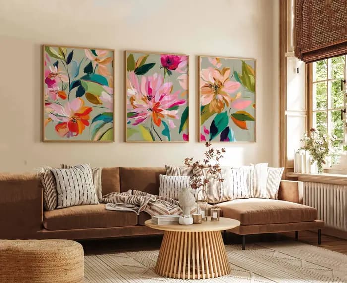 Ensemble d'art mural floral abstrait (3 pièces), impressions d'affiches florales modernes et colorées, décoration botanique lumineuse pour la maison, ensemble d'art contemporain