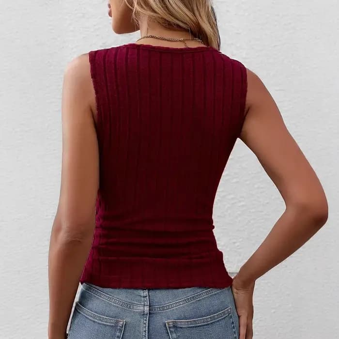 Gilet à col côtelé pour femmes, couleur rouge vin, haut à col carré, tissu en mélange de fibres de Polyester, sans décoration, gilet à la mode