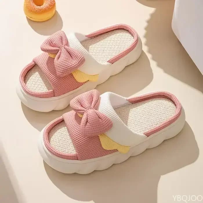 Pantoufles en lin pour femmes, pantoufles d'intérieur confortables, antidérapantes, chaussures en coton, mignonnes pantoufles plates avec nœud papillon, diapositives pour couples, printemps et été