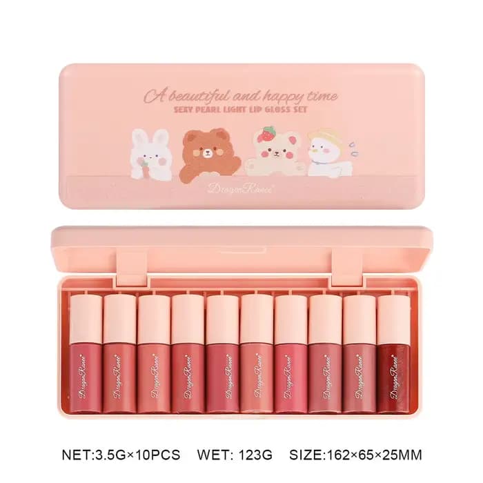 Mini 10 couleurs dessin animé hydratant lèvres glaçure ensemble boîte étanche antiadhésif longue durée miroir