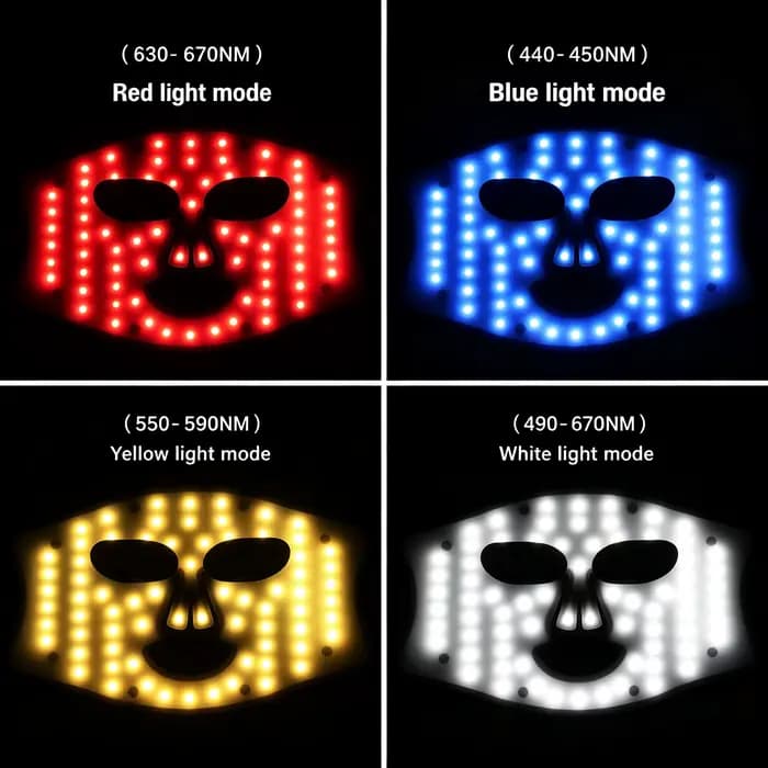 Masque LED Visage 4 Couleurs, Appareil de Soin de la Peau à Lumière Rouge et Bleue, 72 Perles LED, Masque de Beauté Rechargeable sans Fil avec Minuteur pour Soin du Visage à la Maison, Homme Femme