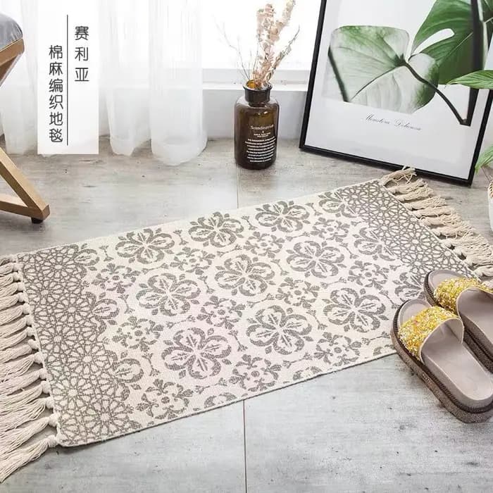 Tapis en lin de coton turc, imprimé à la main, avec glands, pour l'entrée, lavable pour la chambre, la cuisine et la salle de lavage