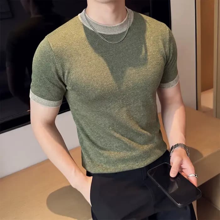 Polo en tricot color-block pour homme en mélange de lin – Chemise à manches courtes respirante et anti-humidité avec tombé naturel