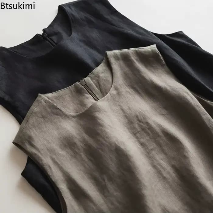 Robe d'été 2026 en coton et lin pour femme, style rétro littéraire, col en V, unie, sans manches, décontractée, ample, pour soirée, Vestidos De Mujer
