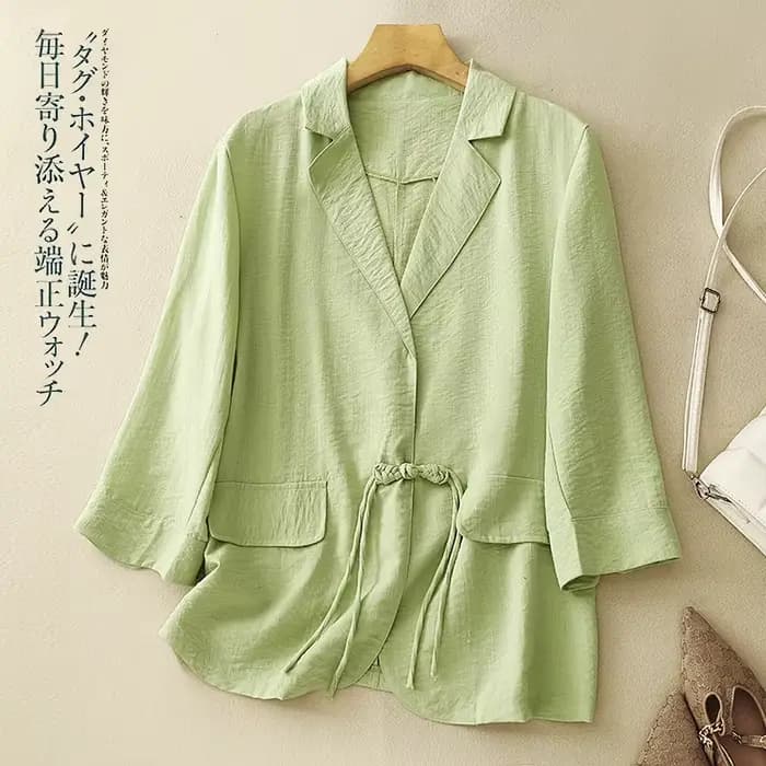 Veste décontractée en coton et lin pour femme, nouvelle collection printemps-été, style artistique, élégante, chic, avec boucle et manches trois-quarts
