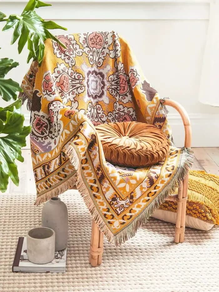 Couvertures en lin tribal à carreaux avec pompon, tapis d'extérieur, couverture de pique-nique de camping, couvertures de lit décoratives Boho, tapis de canapé, voyage Lea