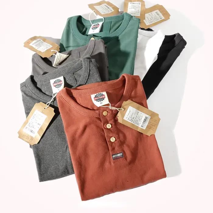 T-shirt à manches longues col Henry pour homme, rétro américain, décontracté, porté à la recherche, délavé, document solide, base simple, manches longues, T