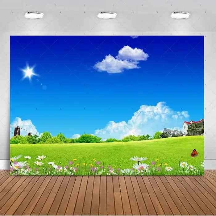 Décorations de fête sur le thème de la prairie ensoleillée, toile de fond avec paysage de montagne vert vif, accessoires de studio photo, bannière et fournitures