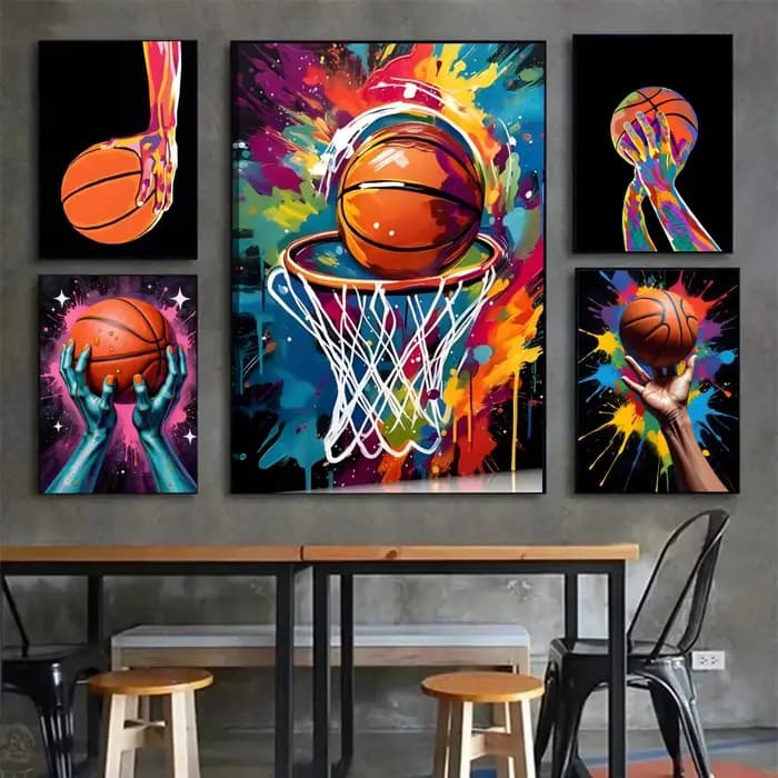 Affiche de basket-ball colorée, peinture murale, art mural pour salon, décoration de la maison et cadeaux