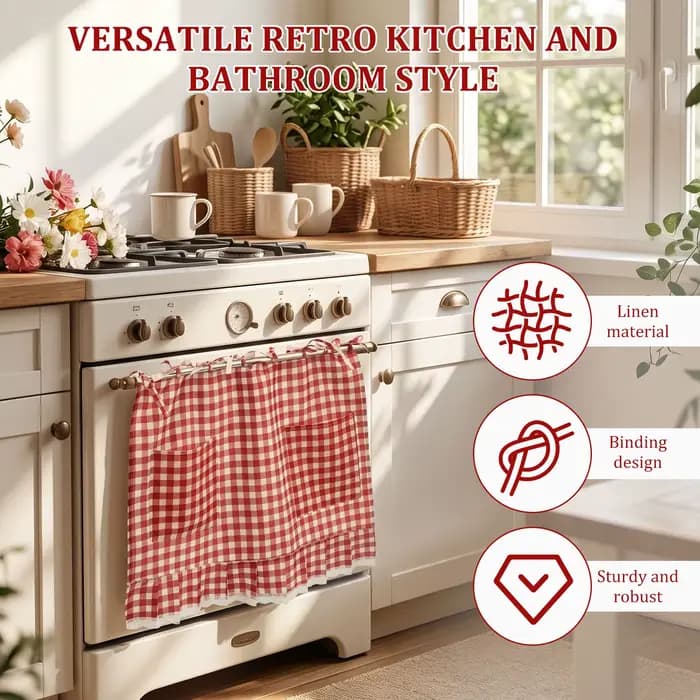 Jupe de four en lin décorative à carreaux pour cuisine, rideau de protection pour lave-vaisselle, jupe de cuisinière avec poches et dentelle, à nouer
