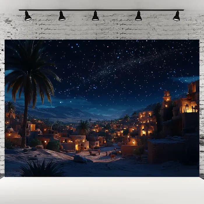 Fond de scène de la nativité - Starry Night Manager et Bethlehem Village, polyester, décorations de Noël et religieuses