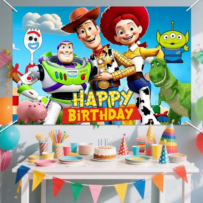 Toile de fond d'anniversaire sur le thème des dessins animés, fond photo Joyeux Anniversaire sur le thème des jouets, décorations de bannière photo pour fête d'anniversaire