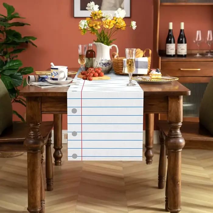 Chemin de table pour carnet de notes en composition de lin, décor de salle à manger pour la cuisine de la maison, le premier jour de l'école
