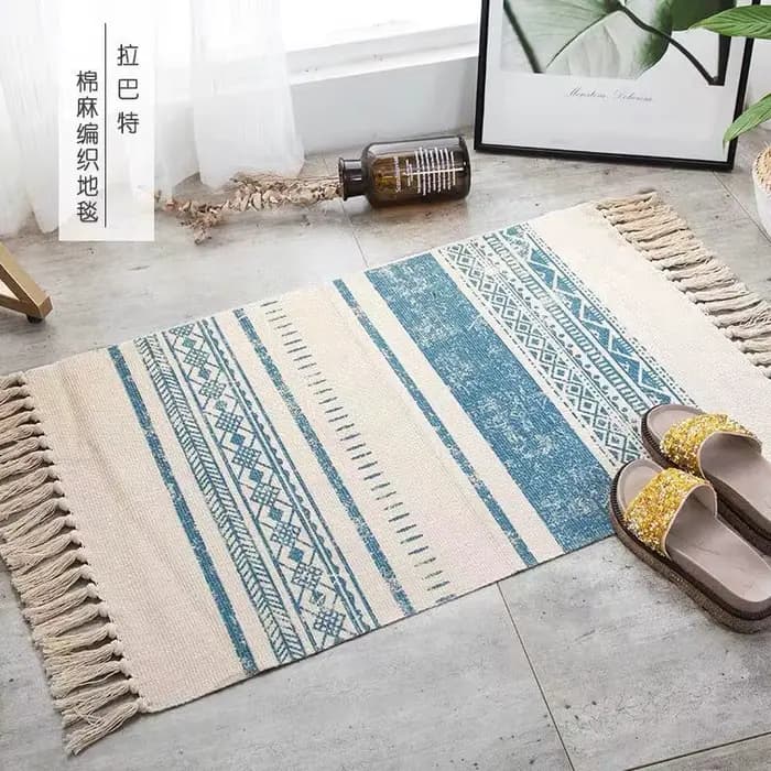 Tapis en lin de coton turc, imprimé à la main, avec glands, pour l'entrée, lavable pour la chambre, la cuisine et la salle de lavage