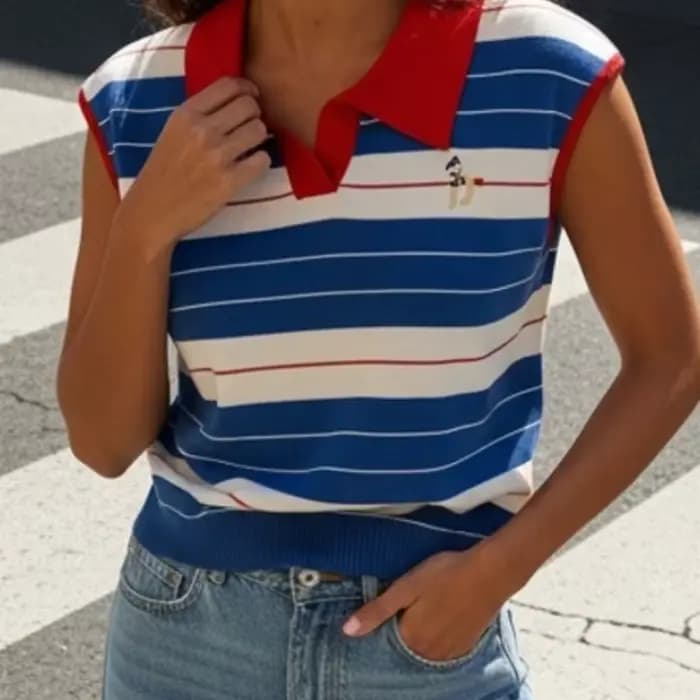 Pull sans manches en maille pour femme, col rouge, à blocs de couleur et rayures, avec broderie décorative, extensible, coupe ajustée, style preppy, pour l'été