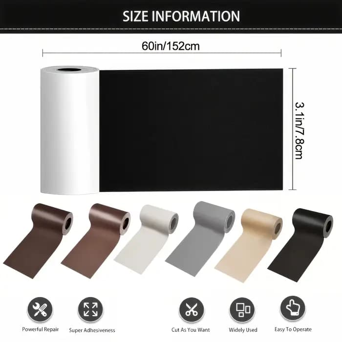 Ruban de réparation du cuir disponible en plusieurs couleurs 3,1 pouces x 60 pouces, réparation du cuir auto-adhésive, adapté aux meubles