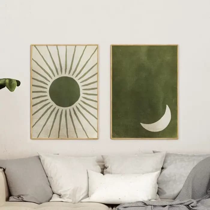 Abstraction d'art mural vert sauge, art mural vert olive, soleil et lune, un ensemble de 2 impressions, art de jour et de nuit, peinture sur toile sans cadre