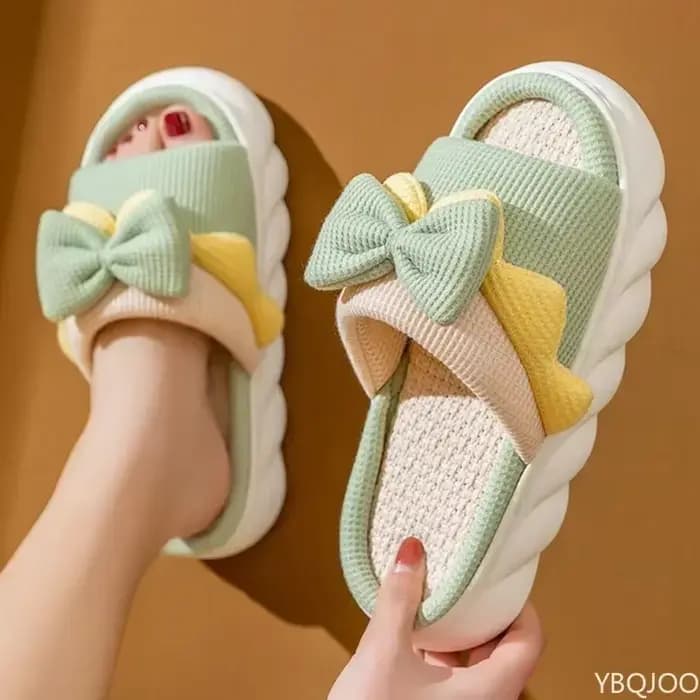 Pantoufles en lin pour femmes, pantoufles d'intérieur confortables, antidérapantes, chaussures en coton, mignonnes pantoufles plates avec nœud papillon, diapositives pour couples, printemps et été