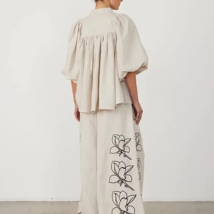 Cotton Linen Women Elegant Two Piece Set Loose Long Sleeve Printed Shirt and High Waist Wide Leg Pants Set Casual Womens Outfits