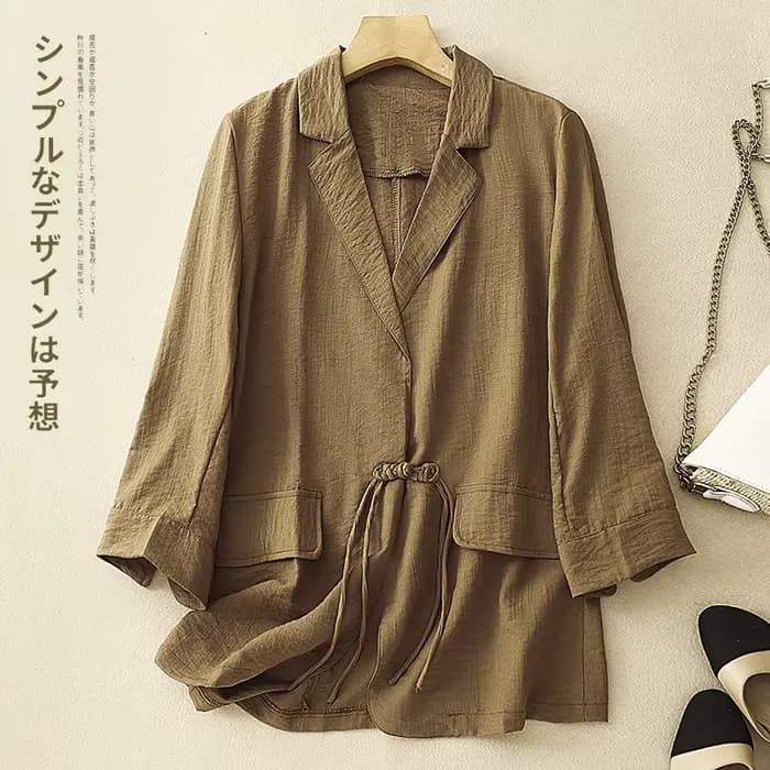 Veste décontractée en coton et lin pour femme, nouvelle collection printemps-été, style artistique, élégante, chic, avec boucle et manches trois-quarts
