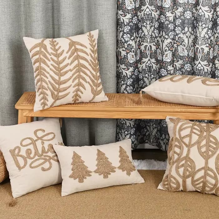 Housse de coussin en lin avec corde brodée, motif lettres et feuilles, franges, glands, luxe élégant, style Boho, taie d'oreiller pour canapé, décoration de la maison