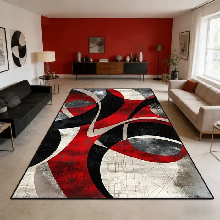Tapis rouge et noir Vintage européen, tapis abstrait géométrique moderne, grande surface, grand décor de chambre à coucher minimaliste