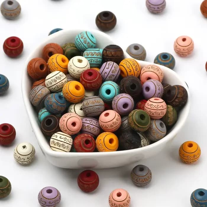 Perles rondes tendance avec motifs colorés, 10mm, 10 pièces, en bois naturel, pour bricolage, fabrication de bijoux, accessoires