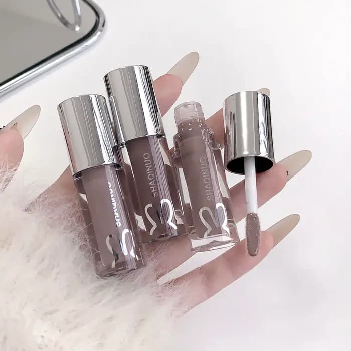 SHAQINUO eau lumière miroir brillant à lèvres hydratant durable noir froid argent gris nacré fin mousseux rouge