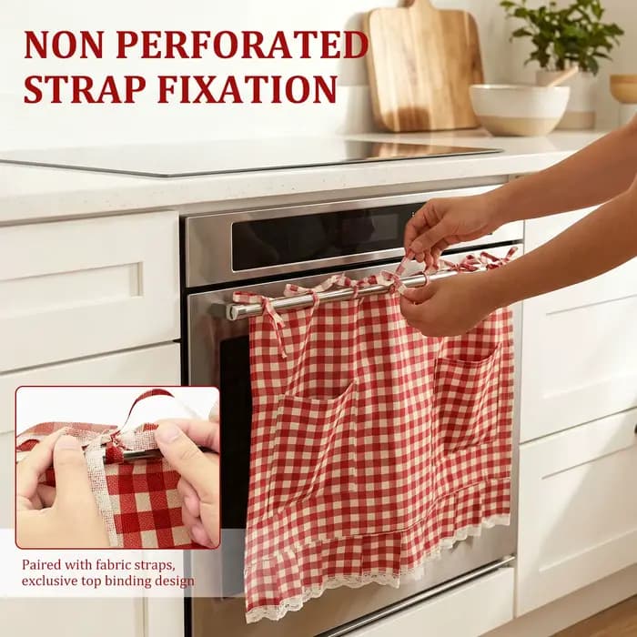 Jupe de four en lin décorative à carreaux pour cuisine, rideau de protection pour lave-vaisselle, jupe de cuisinière avec poches et dentelle, à nouer