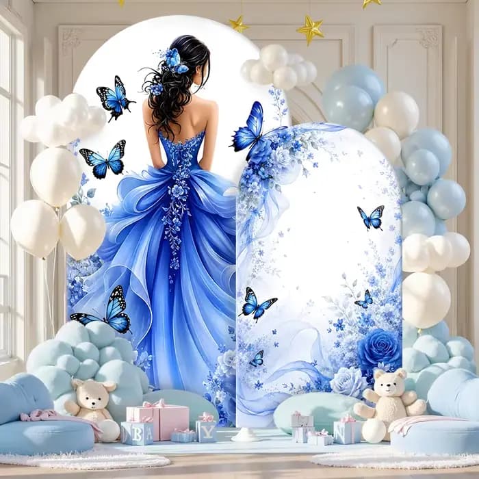 Housse de toile de fond arche papillon bleue à motif floral, thème Princesse, pour Quinceañera, Sweet 15, Mariage, Anniversaire de fille, et comme fond de photomaton