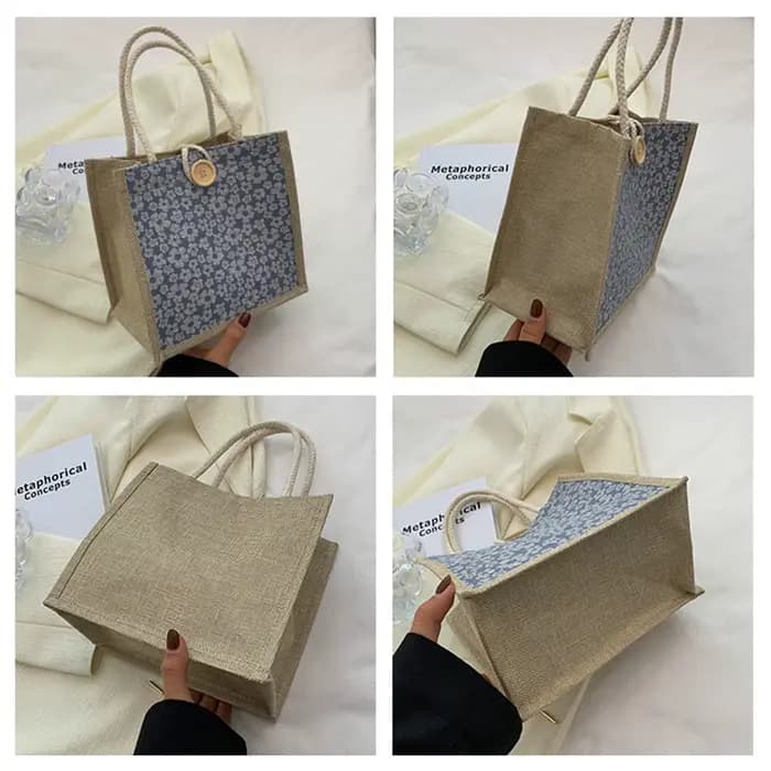 Sac à main à boutons en lin, sac d'épicerie de grande capacité, fourre-tout pour femmes, organisateur de plage, sac de courses Portable, sac à déjeuner