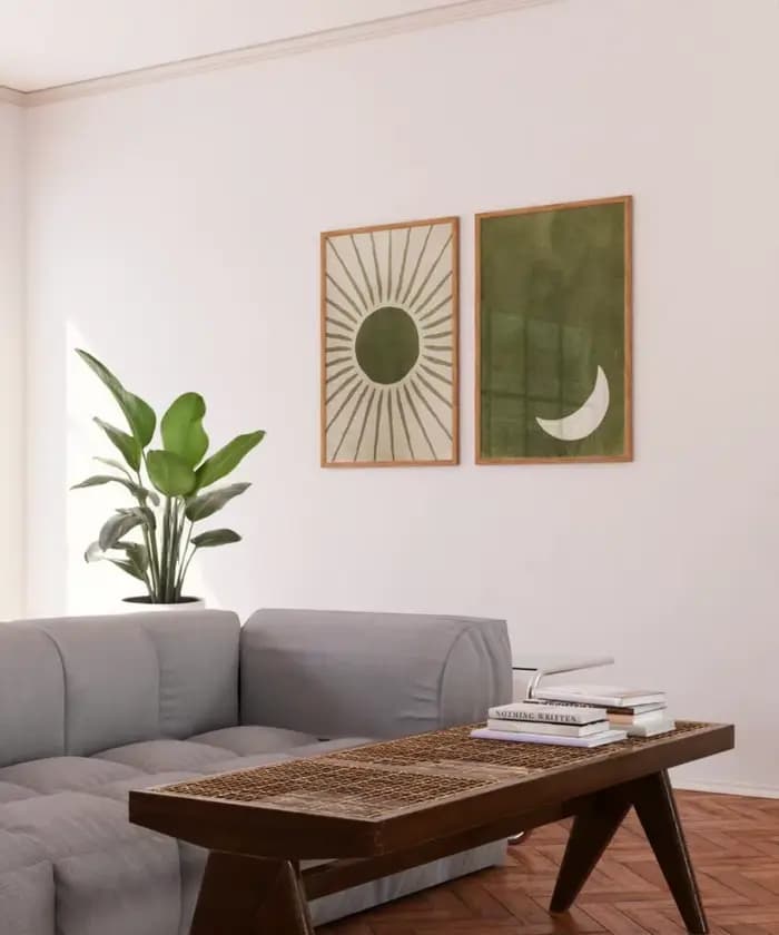 Abstraction d'art mural vert sauge, art mural vert olive, soleil et lune, un ensemble de 2 impressions, art de jour et de nuit, peinture sur toile sans cadre