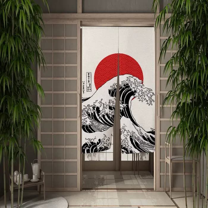 Rideau de porte solaire rouge ondulé japonais, Noren, cuisine, salle à manger, salon, cloison de chambre à coucher, demi-rideaux occultants, 2 panneaux